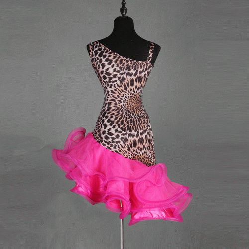 Fuchsia hot pink with leopard competition latin dance dresses for women girls asymmetrical ruffles skirt hem rumba salsa chacha dance dress for lady